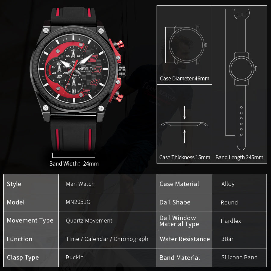 MEGIR Chronograph Sport Watch Men Silicone Military Wrist Watches Waterproof Date Clock Top Brand Quartz Watch Reloj Hombre 2051-10