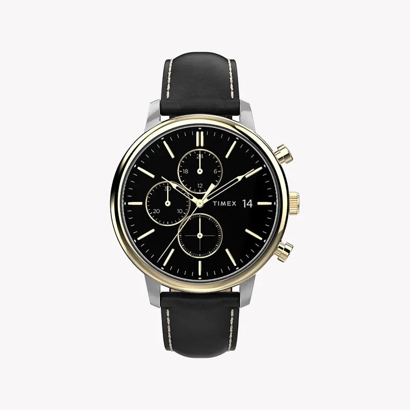 Timex Men's Black Leather Watch, Brass Case | TW2U39100-0